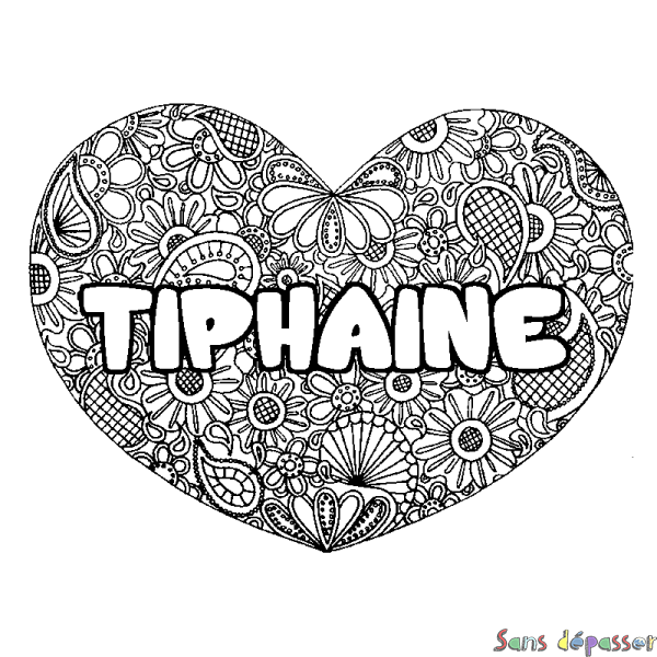 Coloriage prénom TIPHAINE - d&eacute;cor Mandala coeur