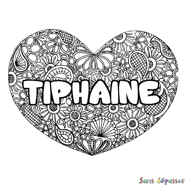 Coloriage pr&eacute;nom TIPHAINE - d&eacute;cor Mandala coeur