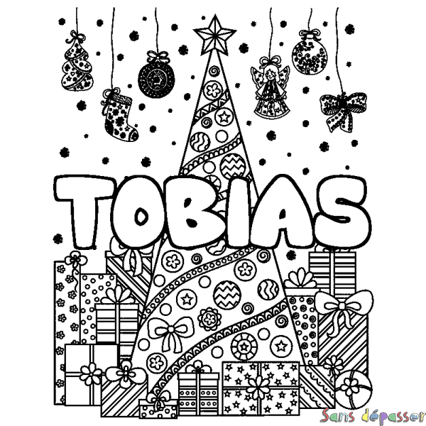 Coloriage pr&eacute;nom TOBIAS - d&eacute;cor Sapin et Cadeaux