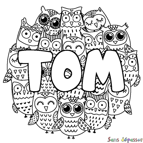 Coloriage pr&eacute;nom TOM - d&eacute;cor Chouettes