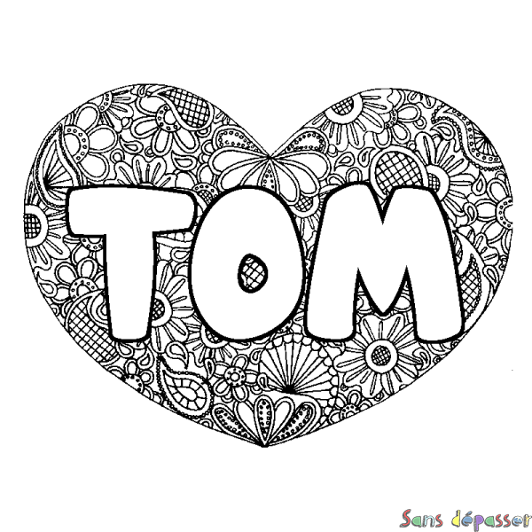 Coloriage pr&eacute;nom TOM - d&eacute;cor Mandala coeur