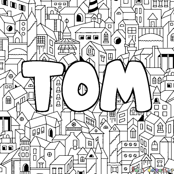 Coloriage pr&eacute;nom TOM - d&eacute;cor Ville