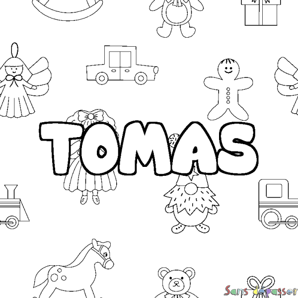 Coloriage pr&eacute;nom TOMAS - d&eacute;cor Jouets