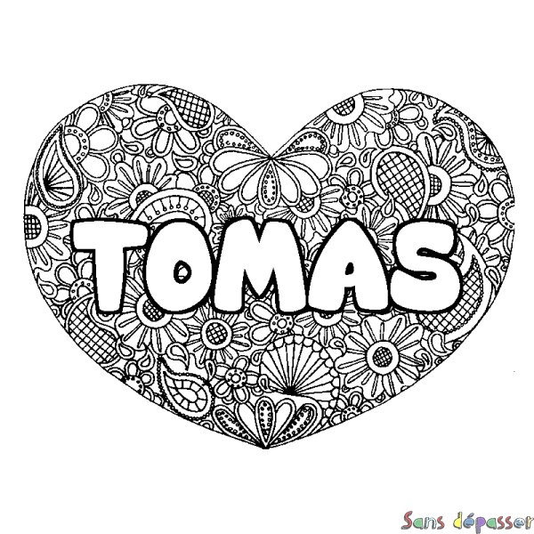 Coloriage pr&eacute;nom TOMAS - d&eacute;cor Mandala coeur