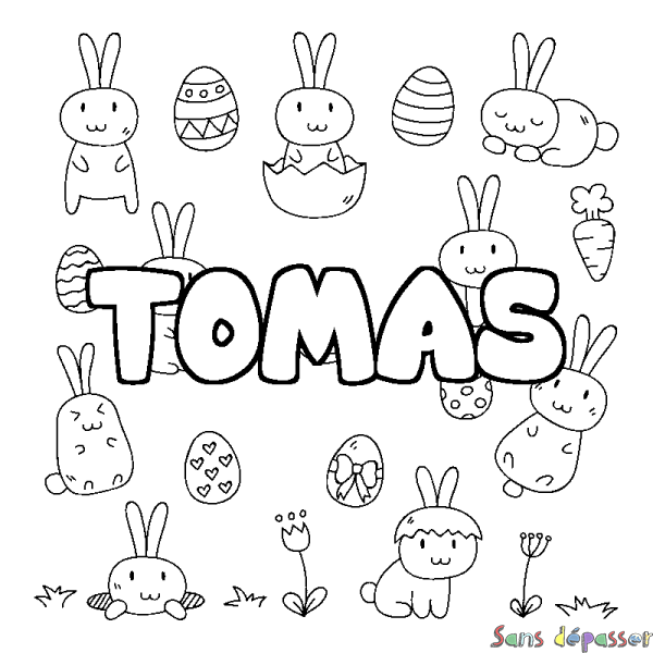 Coloriage pr&eacute;nom TOMAS - d&eacute;cor Paques