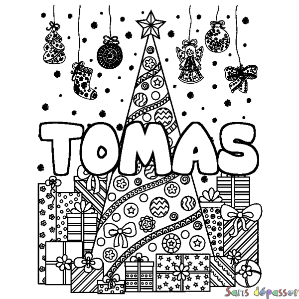 Coloriage pr&eacute;nom TOMAS - d&eacute;cor Sapin et Cadeaux