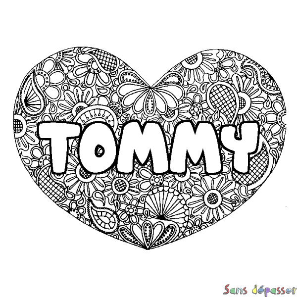 Coloriage pr&eacute;nom TOMMY - d&eacute;cor Mandala coeur