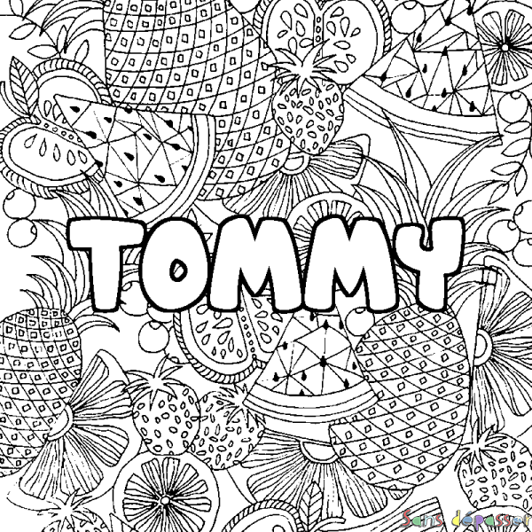 Coloriage pr&eacute;nom TOMMY - d&eacute;cor Mandala fruits