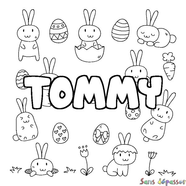 Coloriage pr&eacute;nom TOMMY - d&eacute;cor Paques