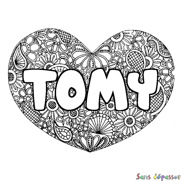 Coloriage pr&eacute;nom TOMY - d&eacute;cor Mandala coeur