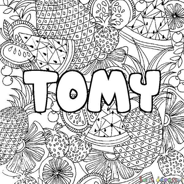 Coloriage pr&eacute;nom TOMY - d&eacute;cor Mandala fruits