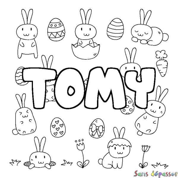 Coloriage pr&eacute;nom TOMY - d&eacute;cor Paques
