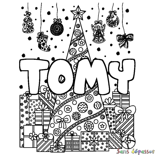 Coloriage pr&eacute;nom TOMY - d&eacute;cor Sapin et Cadeaux