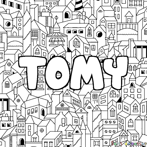 Coloriage pr&eacute;nom TOMY - d&eacute;cor Ville