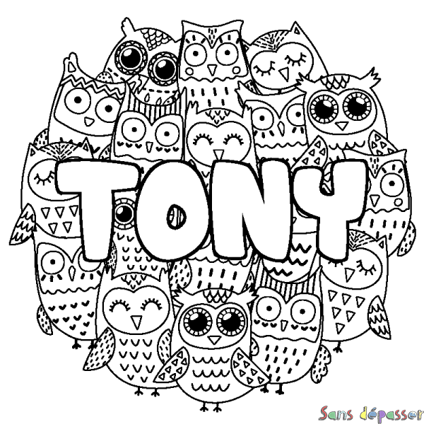 Coloriage pr&eacute;nom TONY - d&eacute;cor Chouettes