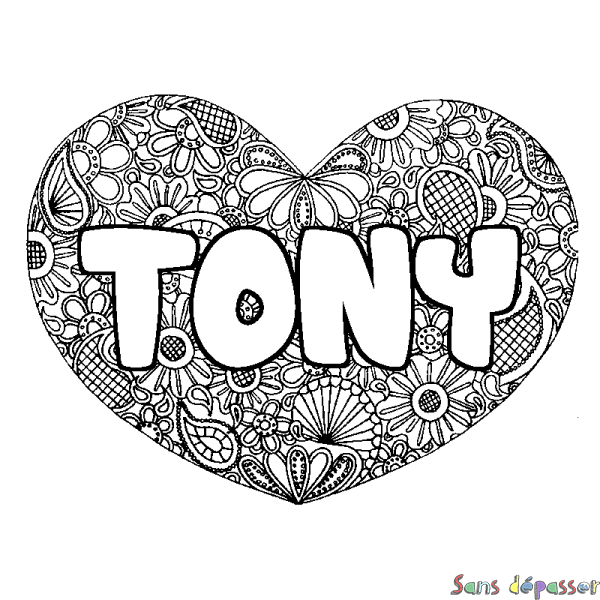 Coloriage pr&eacute;nom TONY - d&eacute;cor Mandala coeur
