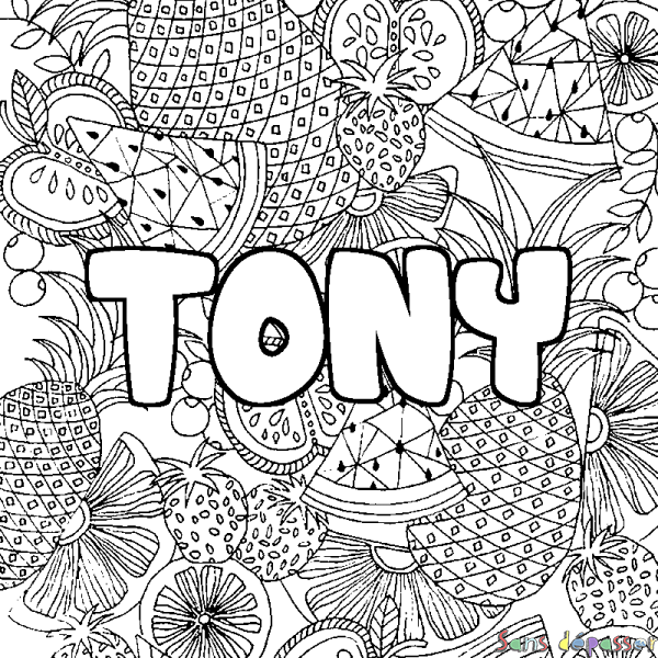 Coloriage pr&eacute;nom TONY - d&eacute;cor Mandala fruits