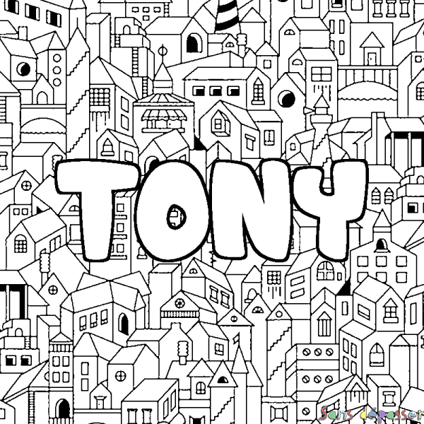 Coloriage pr&eacute;nom TONY - d&eacute;cor Ville