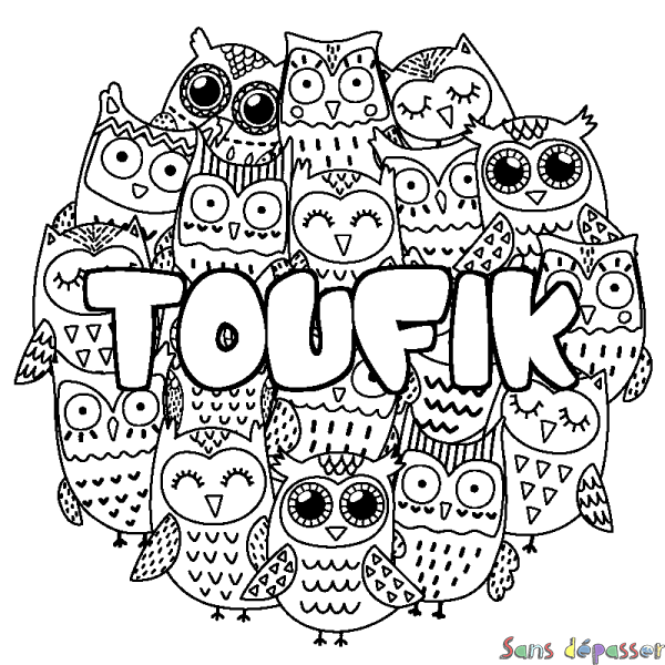 Coloriage pr&eacute;nom TOUFIK - d&eacute;cor Chouettes