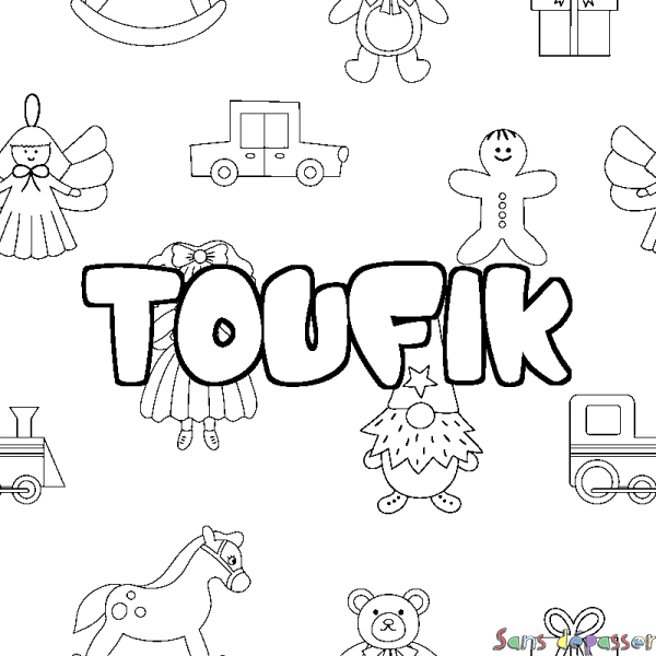 Coloriage pr&eacute;nom TOUFIK - d&eacute;cor Jouets