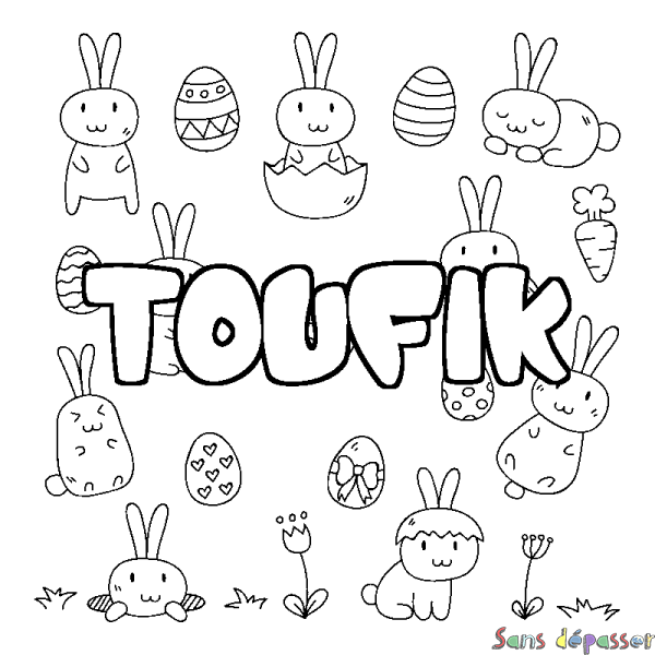 Coloriage pr&eacute;nom TOUFIK - d&eacute;cor Paques