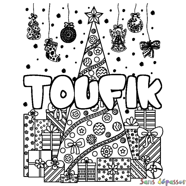 Coloriage prénom TOUFIK - d&eacute;cor Sapin et Cadeaux