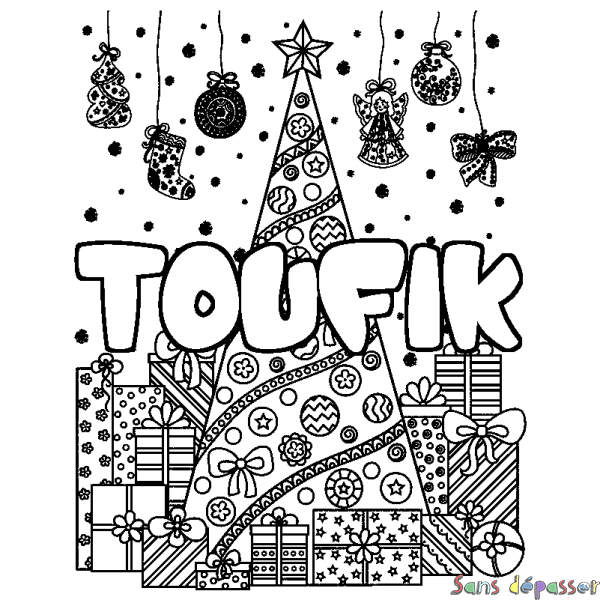 Coloriage pr&eacute;nom TOUFIK - d&eacute;cor Sapin et Cadeaux