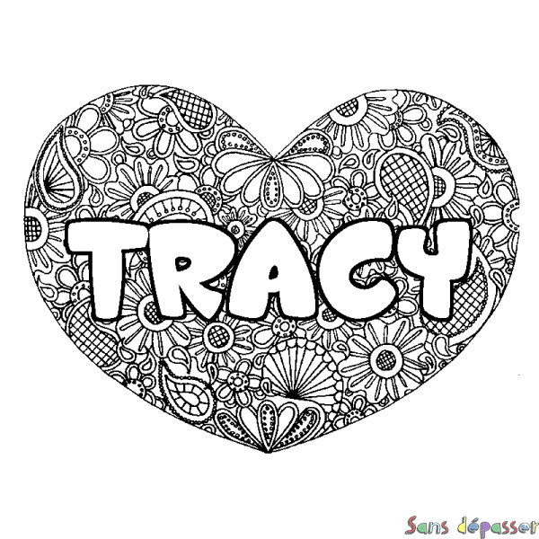Coloriage pr&eacute;nom TRACY - d&eacute;cor Mandala coeur