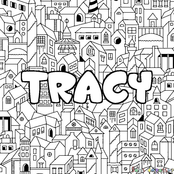 Coloriage pr&eacute;nom TRACY - d&eacute;cor Ville