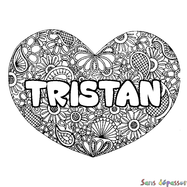 Coloriage pr&eacute;nom TRISTAN - d&eacute;cor Mandala coeur