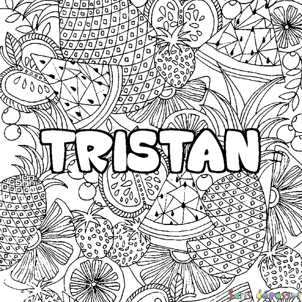 Coloriage pr&eacute;nom TRISTAN - d&eacute;cor Mandala fruits