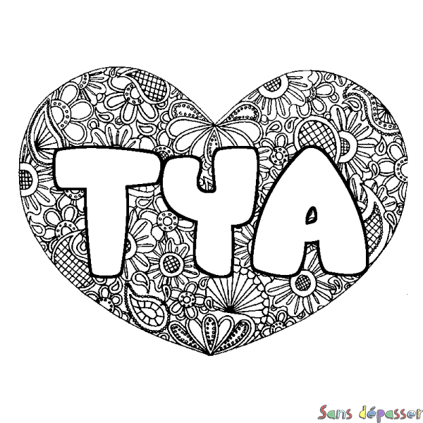 Coloriage pr&eacute;nom TYA - d&eacute;cor Mandala coeur