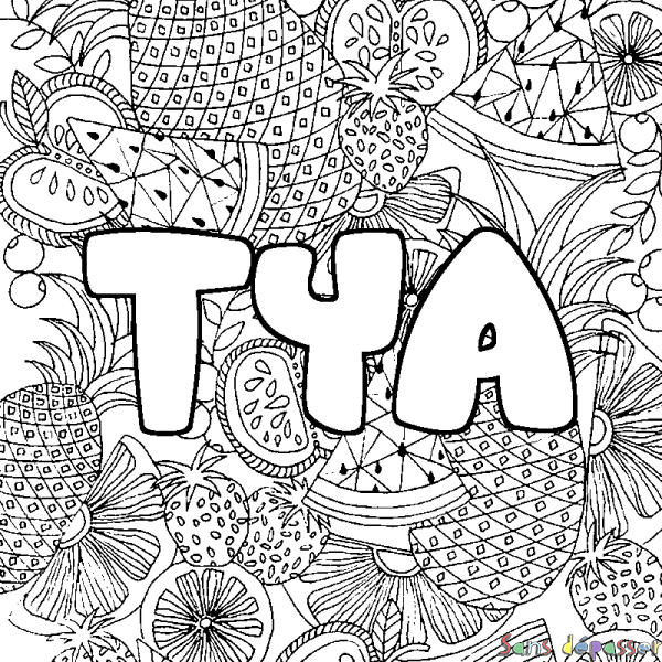 Coloriage pr&eacute;nom TYA - d&eacute;cor Mandala fruits