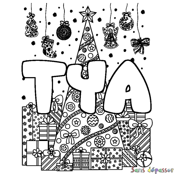 Coloriage pr&eacute;nom TYA - d&eacute;cor Sapin et Cadeaux