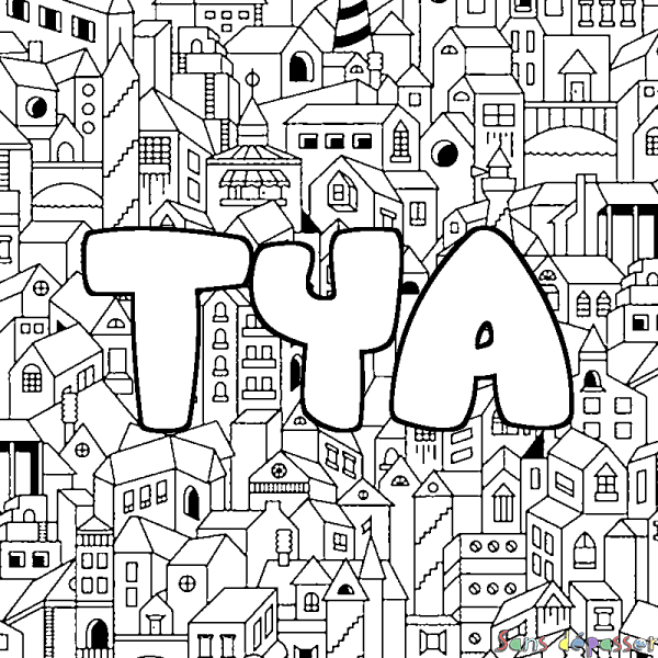 Coloriage pr&eacute;nom TYA - d&eacute;cor Ville