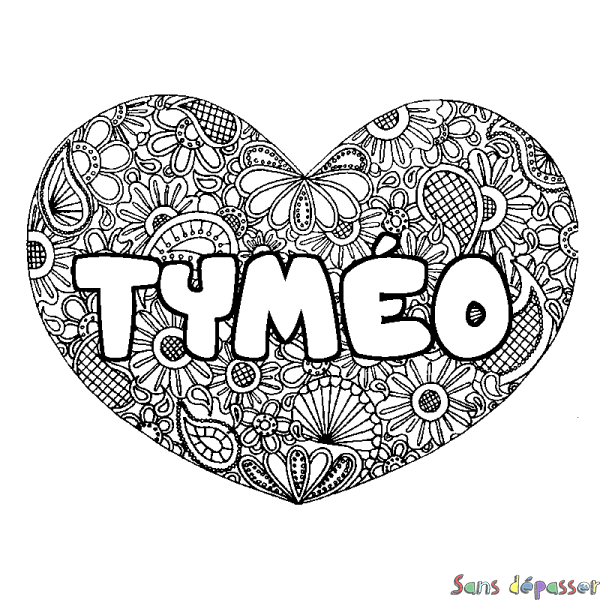 Coloriage pr&eacute;nom TYM&Eacute;O - d&eacute;cor Mandala coeur