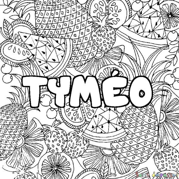Coloriage pr&eacute;nom TYM&Eacute;O - d&eacute;cor Mandala fruits
