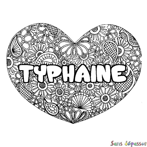 Coloriage pr&eacute;nom TYPHAINE - d&eacute;cor Mandala coeur