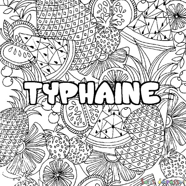 Coloriage pr&eacute;nom TYPHAINE - d&eacute;cor Mandala fruits