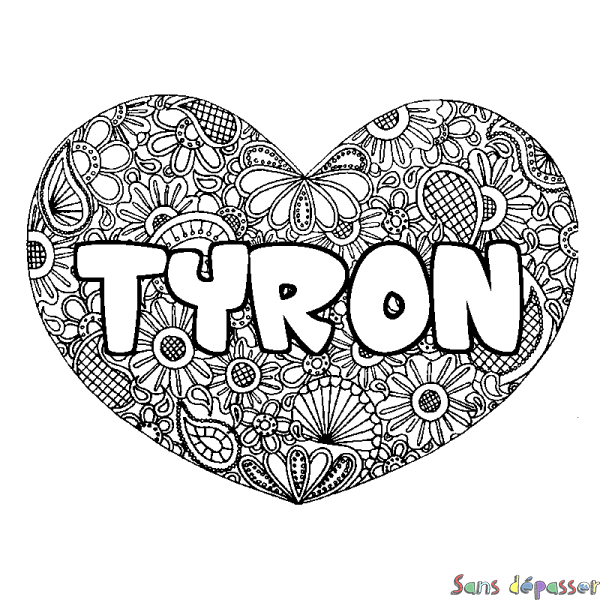 Coloriage pr&eacute;nom TYRON - d&eacute;cor Mandala coeur