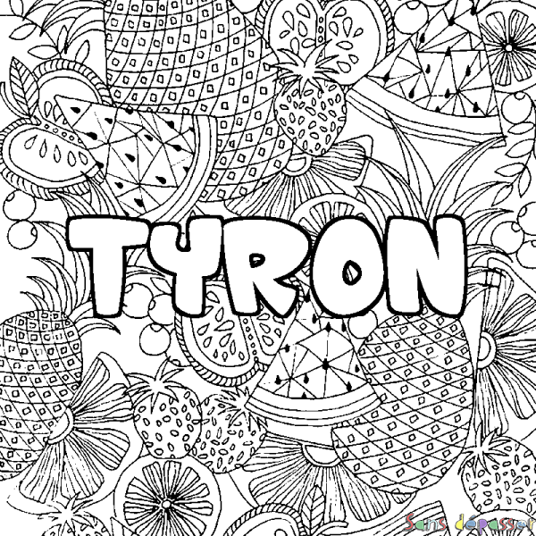 Coloriage pr&eacute;nom TYRON - d&eacute;cor Mandala fruits