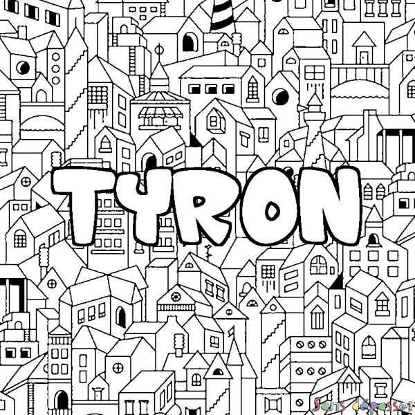 Coloriage pr&eacute;nom TYRON - d&eacute;cor Ville