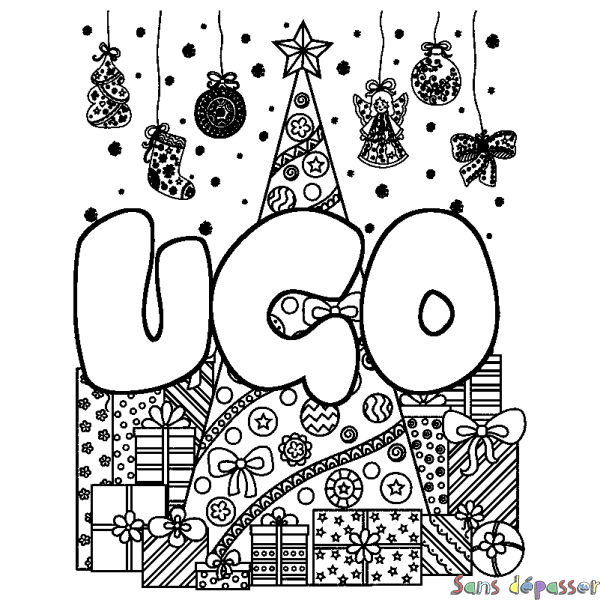 Coloriage prénom UGO - d&eacute;cor Sapin et Cadeaux