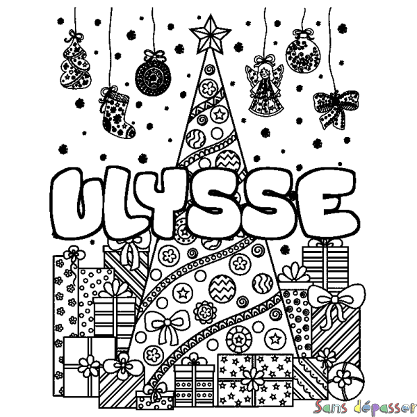 Coloriage prénom ULYSSE - d&eacute;cor Sapin et Cadeaux