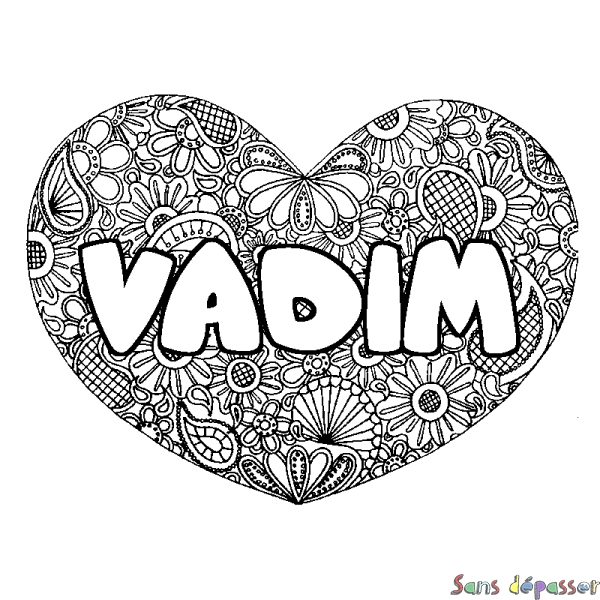 Coloriage pr&eacute;nom VADIM - d&eacute;cor Mandala coeur