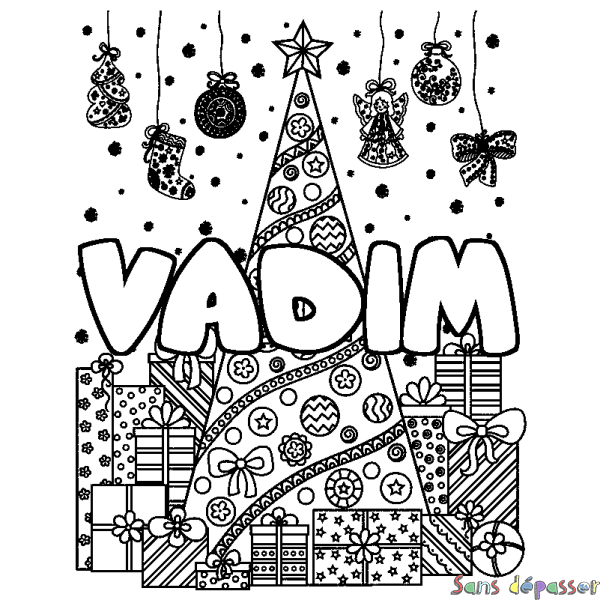 Coloriage prénom VADIM - d&eacute;cor Sapin et Cadeaux