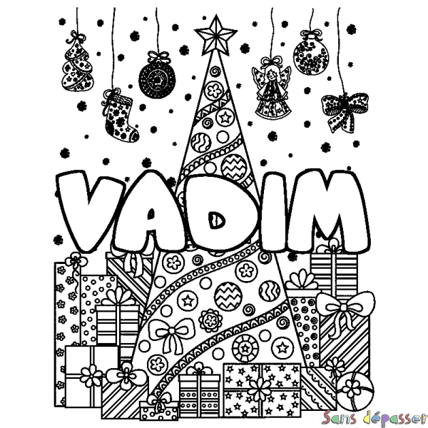 Coloriage pr&eacute;nom VADIM - d&eacute;cor Sapin et Cadeaux