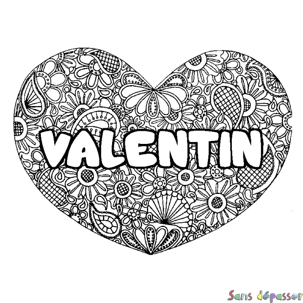 Coloriage pr&eacute;nom VALENTIN - d&eacute;cor Mandala coeur