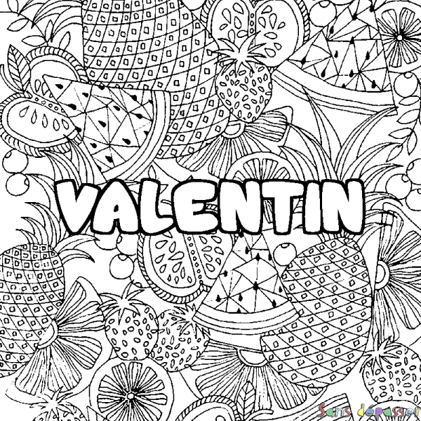 Coloriage pr&eacute;nom VALENTIN - d&eacute;cor Mandala fruits