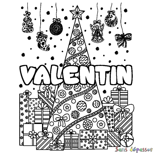 Coloriage pr&eacute;nom VALENTIN - d&eacute;cor Sapin et Cadeaux